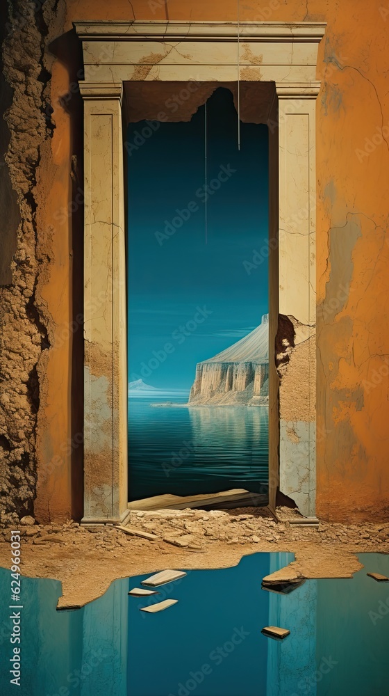 Poster a picture of a window with a view of the ocean. generative ai.