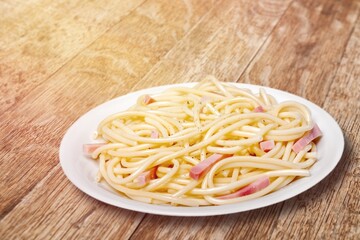 Tasty fresh noodles dish in plate