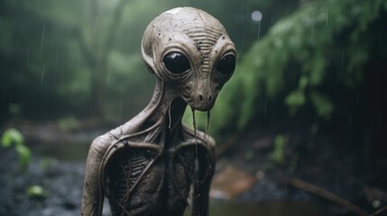 Enigmatic Shadows: Creepy Creature in the Rainy Jungle, Monsterous Ghost Alien Generative AI