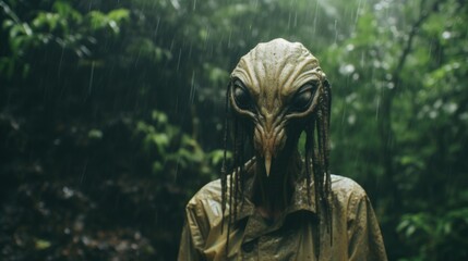 Obraz premium Enigmatic Shadows: Creepy Creature in the Rainy Jungle, Monsterous Ghost Alien Generative AI