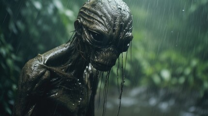 Enigmatic Shadows: Creepy Creature in the Rainy Jungle, Monsterous Ghost Alien Generative AI
