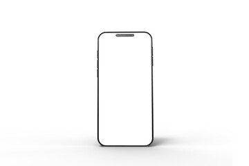 Studio shot of a modern smartphone with a blank white screen. Isolated against a white background. 3D Rendering
