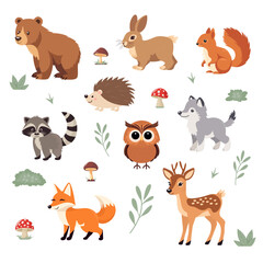 Obraz na płótnie Canvas Flat Vector Cute Wild Animals Set - Grizzly Bear, Hare or Rabbit, Squirrel, Raccoon, Hedgehog, Wolf, Owl, Fox, Deer. Forest Cartoon Aanimals. Woodland Animal Collection