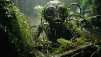 Enigmatic Shadows: Creepy Creature in the Rainy Jungle, Monsterous Ghost Alien Generative AI