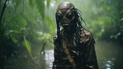 Enigmatic Shadows: Creepy Creature in the Rainy Jungle, Monsterous Ghost Alien Generative AI