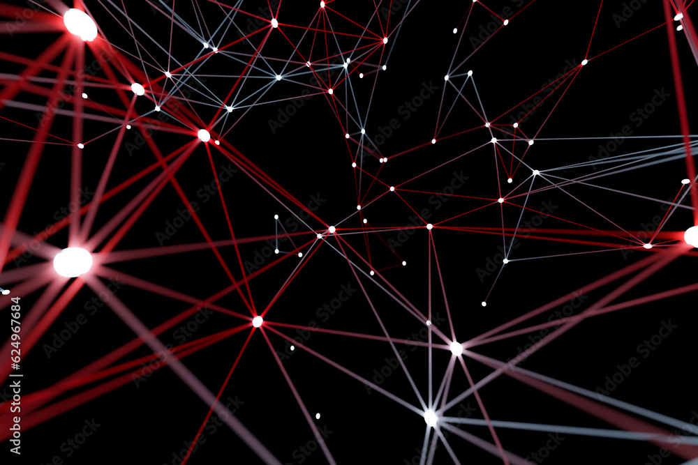 Poster colorful red technology background with line and connected dot, 3d rendering