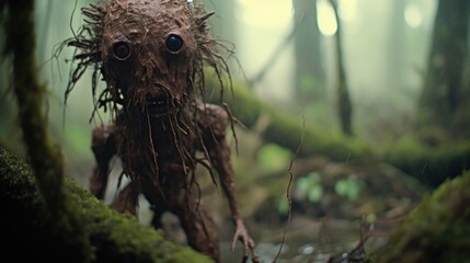 Obraz premium Enigmatic Shadows: Creepy Creature in the Rainy Jungle, Monsterous Ghost Alien Generative AI