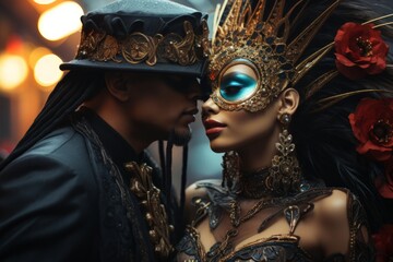 Elegant couple wearing glamour masks at a masquerade ball, evoking the mysterious and sensual atmosphere. Generative Ai - obrazy, fototapety, plakaty