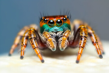 Extreme close up shot of Jumping Spider front view, AI Generated image.	
