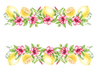 Watercolor Lemon and Hibiscus Flowers Frame