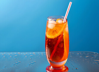 wet glass of cold aperol spritz cocktail with straw on blue background