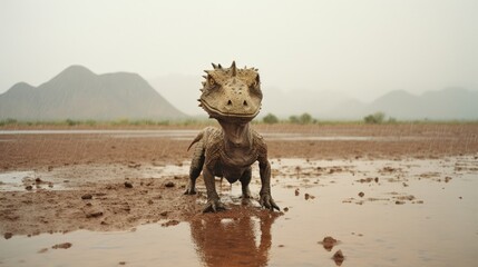 Naklejka premium Desert Enigma: Creepy Dinosaur in the Rainy Desert Captured in a Photograph Generative AI