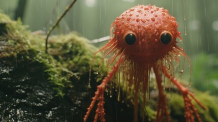 Enigmatic Intruder: Creepy Red Creature of the Rainy Jungle, Captured in a Photograph Generative AI