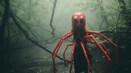 Enigmatic Intruder: Creepy Red Creature of the Rainy Jungle, Captured in a Photograph Generative AI - obrazy, fototapety, plakaty
