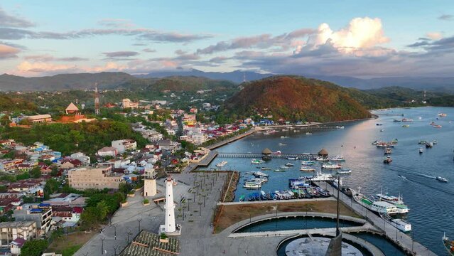 Labuan Bajo aerial view at sunset, Labuan Bajo harbour on Flores island in Indonesia, vacation in Indonesia, holiday town in Asia