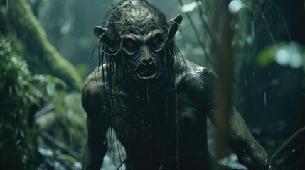Scary Demon in the Rainy Jungle Evoking Horror Generative AI