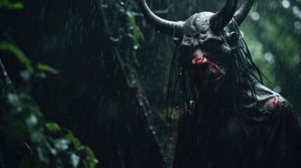 Fototapeta premium Scary Demon in the Rainy Jungle Evoking Horror Generative AI