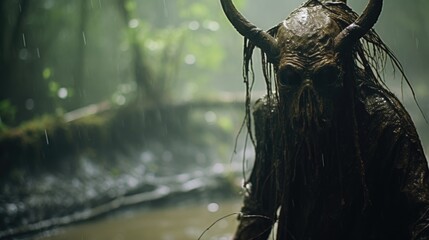 Fototapeta na wymiar Scary Demon in the Rainy Jungle Evoking Horror Generative AI