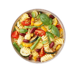 Bowl of tasty pasta salad with tomatoes and basil on white background