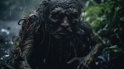 Scary Demon in the Rainy Jungle Evoking Horror Generative AI