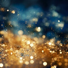 Fototapeta na wymiar Gold lights and blue small glitter, bokeh background | Generative AI