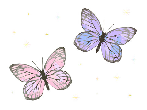 幻想的な蝶々とキラキラの手描きイラスト