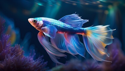 Fototapeta premium Beta Splendens Siamese Fight Fish Purple Coral Reef Beautiful Fins - Created with Generative AI.