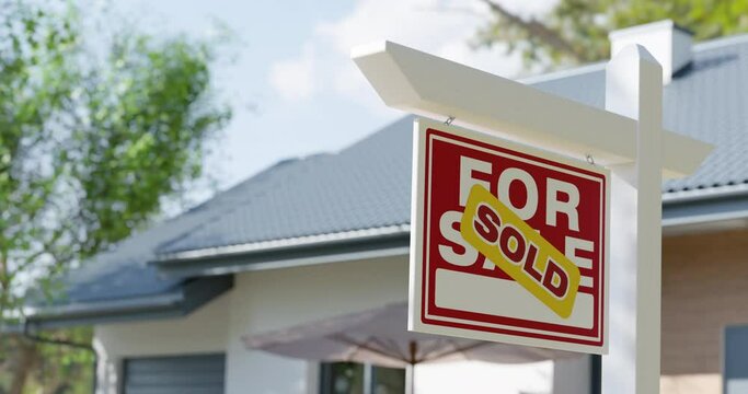 Pan and Zoom of Sold For Sale Real Estate Sign in Front of New House. 3D Rendering - No Property Release Needed.