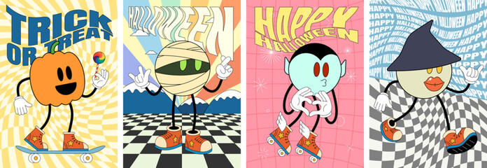 Retro groovy Happy Halloween party art poster set. Pumpkin, mummy, vampire and witch holiday characters on crazy hippy placard. Hippie abstract October 31 festive event flyer. Trendy y2k pop design