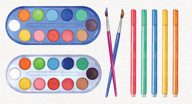 watercolor paints in box with paint brush and multi-colored markers hand drawn in watercolor style. Colorful watercolor palette. kids drawing tools
