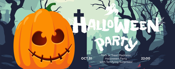 Happy Halloween All Saints night banner with spooky face pumpkin in graveyard. Horizontal art poster scary Jack-o-lantern in cemetery. Holiday promo invitation artwork flyer. Typography print template