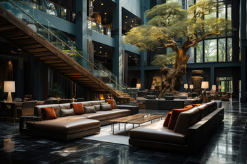 Fototapeta premium Modern and stylish interior design of a lavish hotel lobby with a touch of luxury and prestige. Created with generative AI technology.