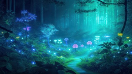 Fototapeta na wymiar Fantasy forest with fog and light at night made with Generative AI