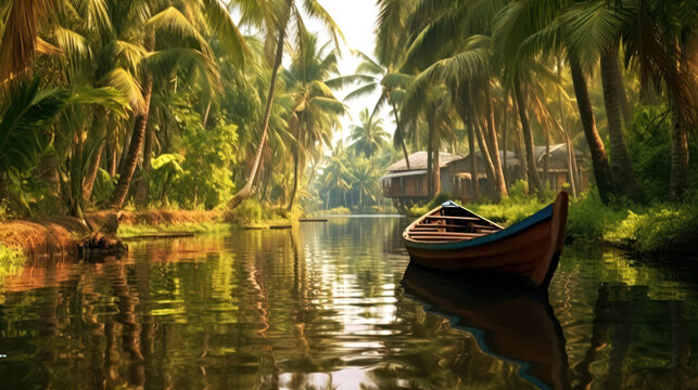 Kerala's Backwaters A Tranquil and Tropical Paradise of Canals Greenery and Houseboats AI Generative