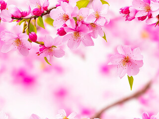 Colorful pink flower on a soft blurry background. pollen of yellow flowers and strong branches. Generative AI.