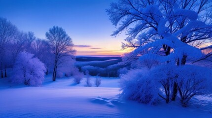 Beautiful winter landscape with trees covered with hoarfrost and sunset