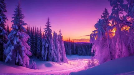 Tuinposter Beautiful winter landscape with snow covered trees. Sunrise in the mountains made with Generative AI © Shamim Akhtar