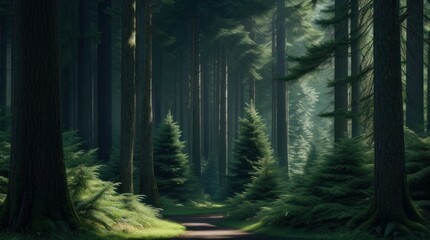 Beautiful forest landscape with a path leading through the trees and ferns made with Generative AI