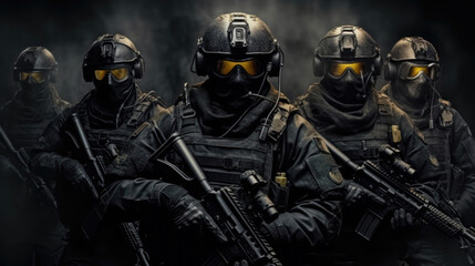Obraz premium Ready for Action A Dynamic Image of a Group of Urban Special Forces in Full Body Cover and Guns AI Generative