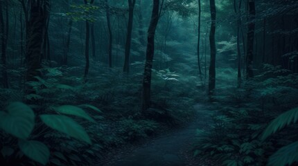 Dark mysterious forest with a path leading through it made with Generative AI