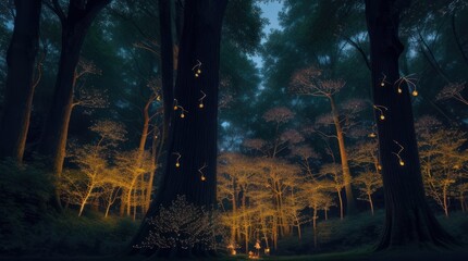 A forest with trees and lanterns at night made with Generative AI