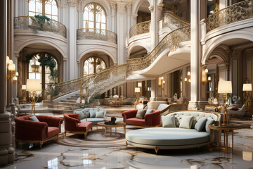 Modern and stylish interior design of a lavish hotel lobby with a touch of luxury and prestige. Created with generative AI technology.