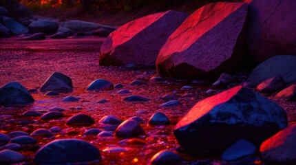 Colorful rocks in the water at sunset. Long exposure shot made with Generative AI