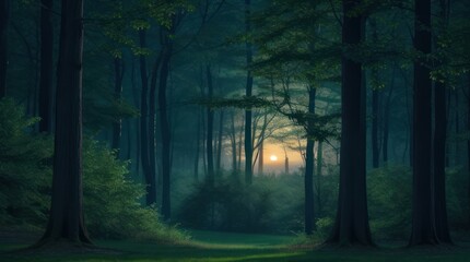 Naklejka premium Sunset in the forest with fog and trees made with Generative AI