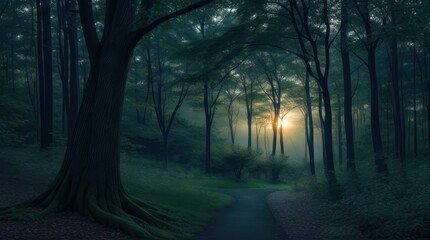 Obraz premium Sunrise in the forest. 3D render of a foggy forest
