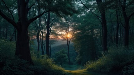 Fototapeta premium Sunset in the forest with fog and trees made with Generative AI