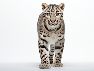 Fototapeta na wymiar Snow Leopard walking towards the camera on a white background