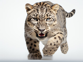 Snow Leopard growling and running towards the camera on a white background