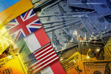 Foreign exchange market. Double exposure of money, digital currency charts and flags of different countries