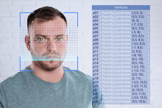 Facial recognition system. Man with scanner frame and digital biometric grid near white brick wall - Powered by Adobe